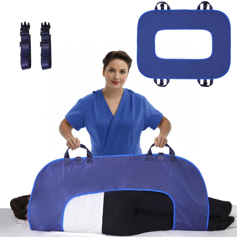 KUAZIDAR O-Shaped Positioning Sheet - Transfer Sheet with Reinforced Handles for Turning, Draw Sheets for Hospital Bed, Lifting & Repositioning, Turning Device for Elderly, Bed Patients (Blue)